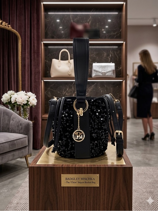 Badgley Mischka Handbags - Badgley Mischka Black Sequin Bucket Bag with Gold Charm NWT $149 Retail